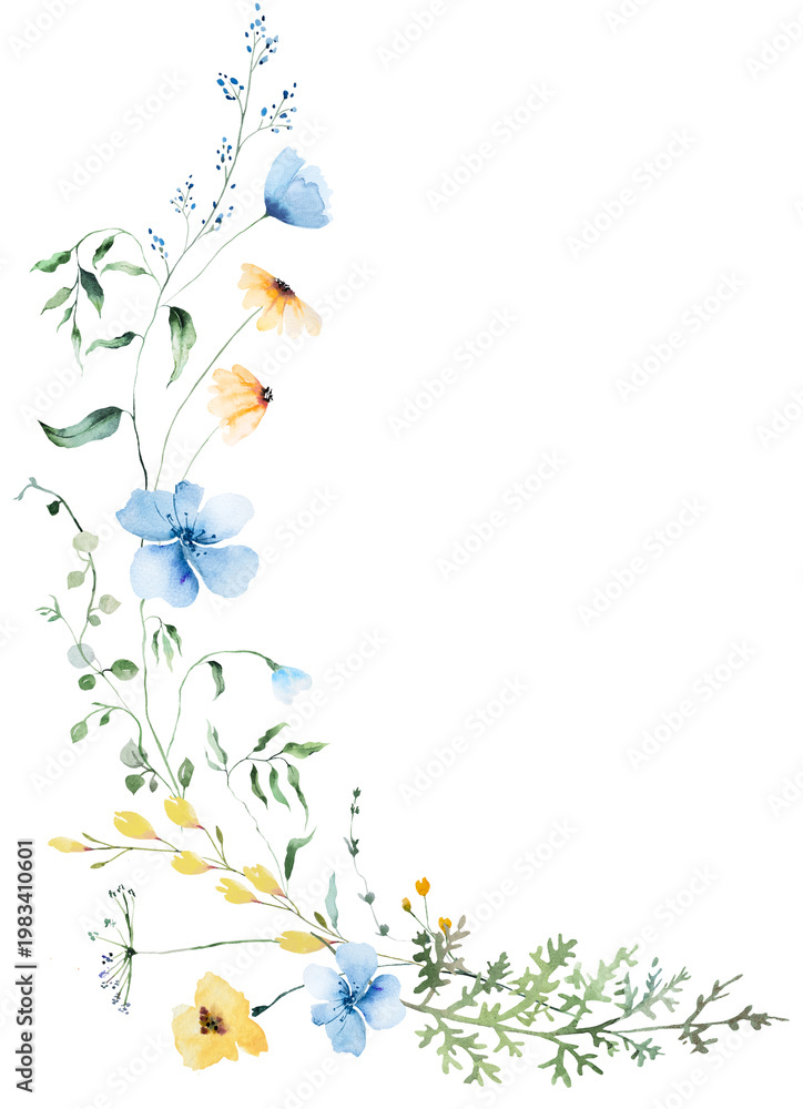 Naklejka premium Watercolor bouquet with yellow and light blue wildflowers, isolated illustration for wedding stationery