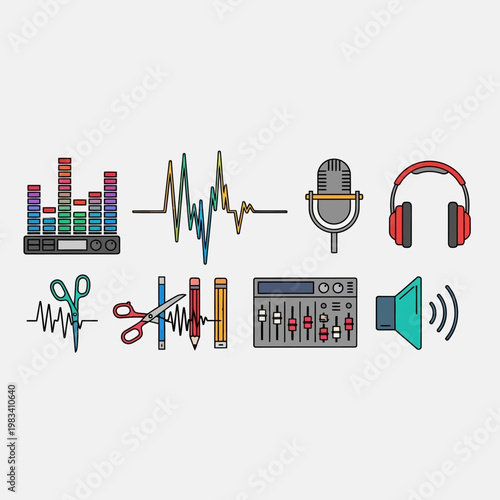 Audio Production Icons: Sound Engineering, Music Creation, and Broadcasting Tools
