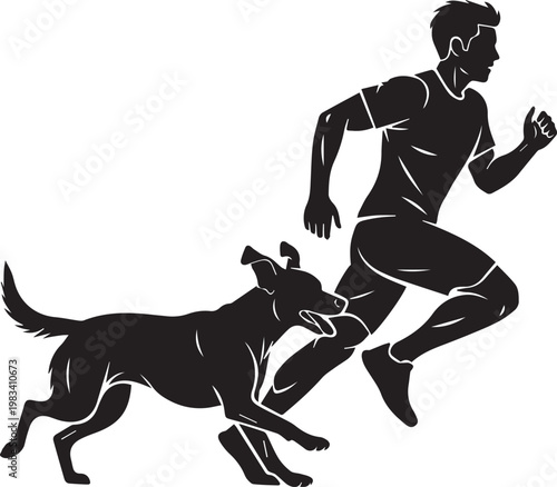 Man running with his dog silhouette depicting active lifestyle outdoor exercise fitness training and human animal companionship.