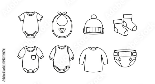 Baby Clothes Collection: Bodysuits, Bib, Hat, Socks, Diaper - Line Art Icons