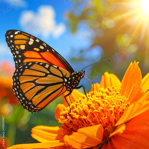 A monarch butterfly on an orange flower in a sunny garden