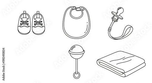 Baby Essentials Line Art Icons: Booties, Bib, Pacifier, Rattle, Blanket