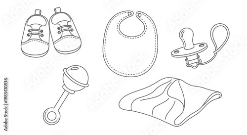 Baby Essentials Line Art: Booties, Bib, Pacifier, Rattle, and Blanket