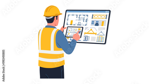 Modern Construction Inspection: An architect or engineer reviews blueprints on a digital tablet, symbolizing precision and technological integration in the construction process. 