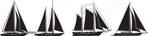 Black silhouette sailboats with rigging lines on ocean water minimalist