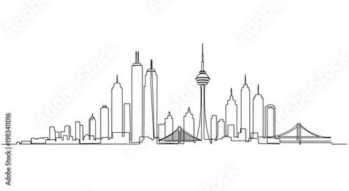 A minimalist black and white line drawing depicts a sprawling cityscape with varied