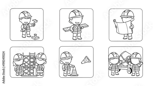 Construction Site Elements: A collection of meticulously crafted illustrations showcase various facets of construction, from the initial planning stages to the practical execution of building.