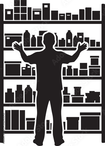 Person standing in front of shelves stocked with boxes and bottles, representing inventory management, storage, or shopping.