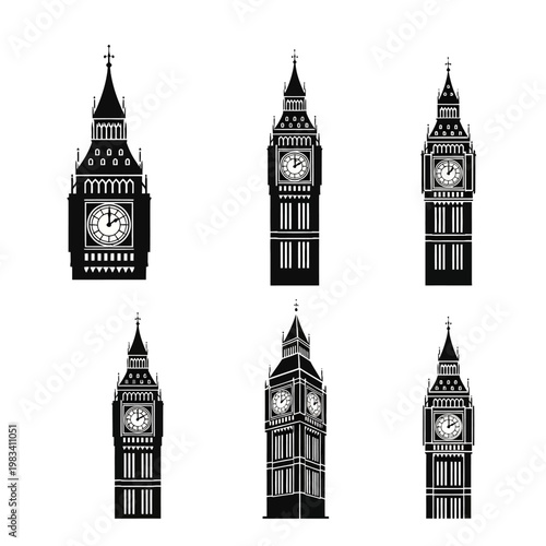 Big Ben Clock Tower Silhouettes Collection, London Landmark Icons