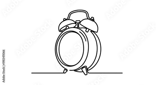A minimalist black line drawing of a vintage alarm clock