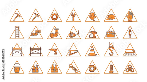 Construction Site Icons: An array of construction and industry symbols arranged neatly in triangles, representing tools and equipment necessary for building and manufacturing.