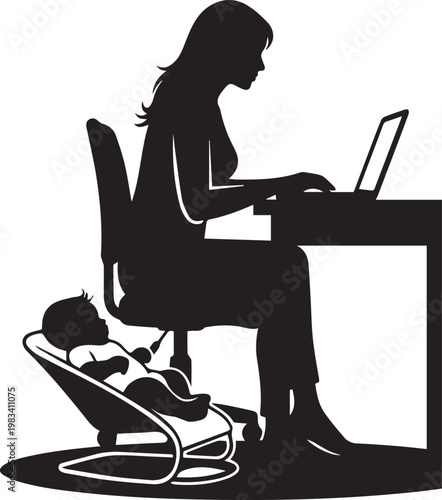 Working mother silhouette sitting at desk with laptop while her baby rests in bouncer chair nearby illustrating remote work life.