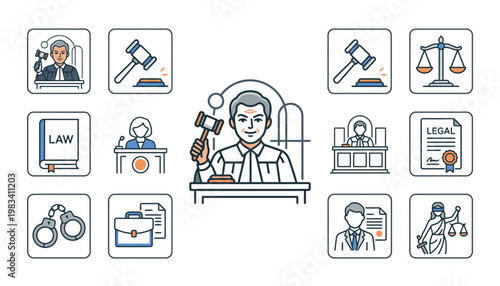 lawyer court judge legal system icons.