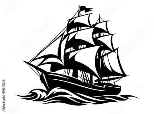 Vintage tall ship sailing on waves with full sails. Hand drawn maritime illustration in engraving style. Vector black ink artwork, sea travel, freedom and classic navigation concept for branding