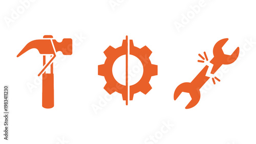 Broken Tools: A striking visual of a hammer, gear, and wrench with some tools in broken states, with an orange hue. 