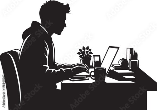 Man working on laptop, side profile silhouette of male student or professional at desk with plant and coffee mug.