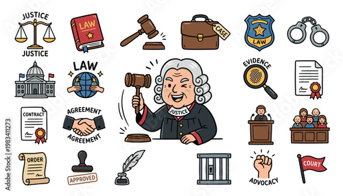 Justice and law enforcement icons set.