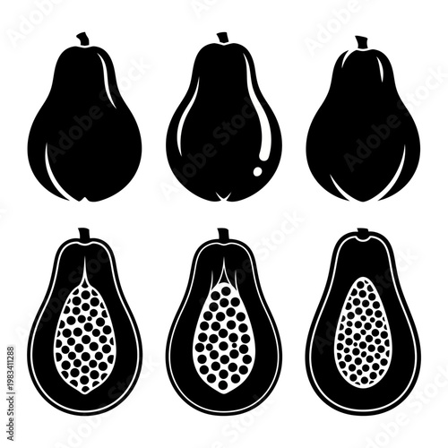 Black Silhouette Papaya Fruit Icons: Whole and Halved with Seeds