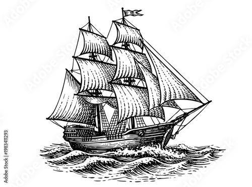 Hand drawn vintage sailing ship on ocean waves. Detailed engraving style with sails, rigging and sea motion. Vector black ink illustration, maritime adventure and exploration concept for tattoos