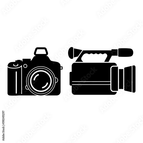 Black Silhouette of DSLR Camera and Professional Video Camcorder on White Background