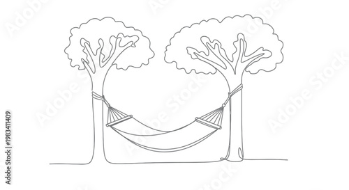 Two trees with a hammock strung between them, drawn in a single continuous line