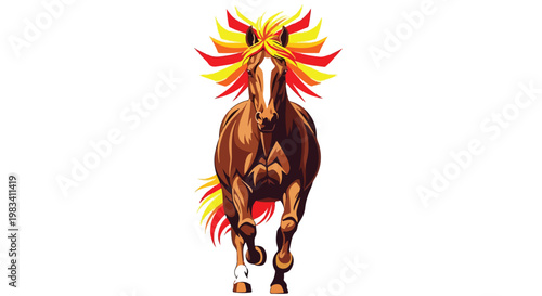 Colorful and majestic mythical creature resembling a fiery horse with vibrant flames and detailed mane in a fantasy