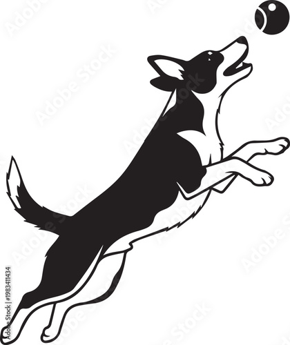 Dog jumping to catch ball silhouette vector active pet playing fetch outdoors.