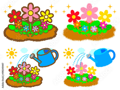 お花に水やりするジョウロのガーデニングイラスト素材セット2