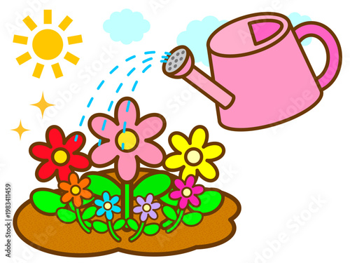 お花に水やりするジョウロのガーデニングイラスト素材3