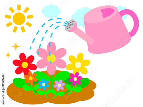 お花に水やりするジョウロのガーデニングイラスト素材4