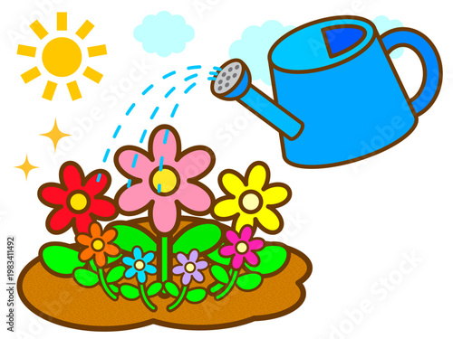 お花に水やりするジョウロのガーデニングイラスト素材2