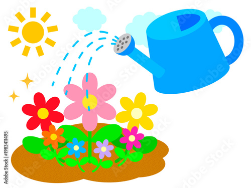 お花に水やりするジョウロのガーデニングイラスト素材