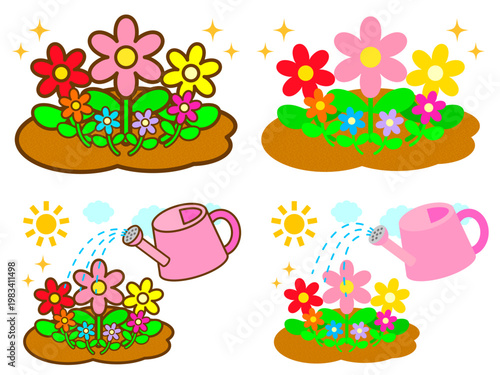 お花に水やりするジョウロのガーデニングイラスト素材セット4