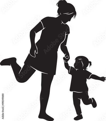 Mother and child holding hands walking together, silhouette representing family love and childhood joy.