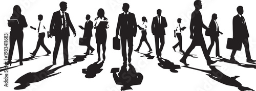 Black silhouettes of diverse business people walking in a straight line business attire