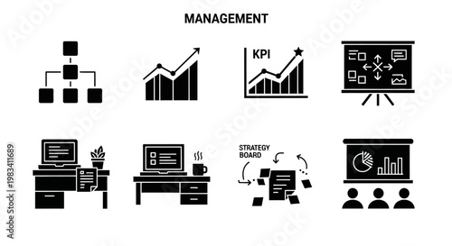 Business Management Icons: Strategy, Growth, Teamwork, and Office Workflow