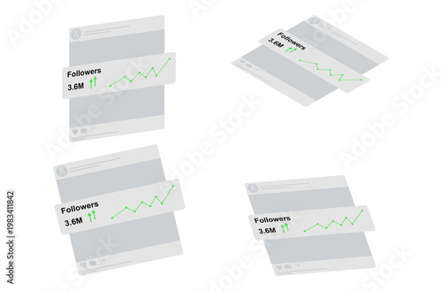 Social media growth analytics set, isometric follower count interface with green rising line graph, digital marketing performance metrics isolated on White Background