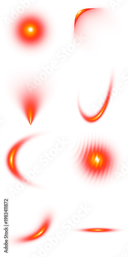 Glowing red light effects collection, 8 vibrant lens flare elements, abstract fire sparks and neon energy trails for digital design overlays isolated on White Background