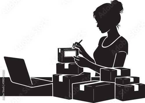 Woman packing boxes for shipment, silhouette represents e-commerce and online business.