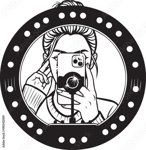 Woman taking selfie in circular frame, holding smartphone, focus on self-portrait and reflection, modern technology use.