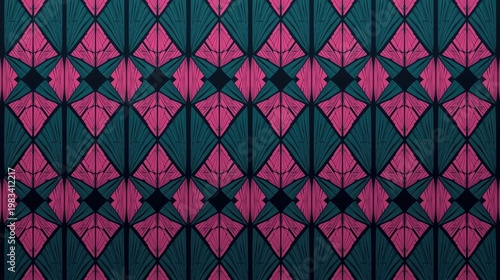 A vibrant digital pattern featuring symmetrical dark green diamonds and pink geometric shapes. isolated on white background