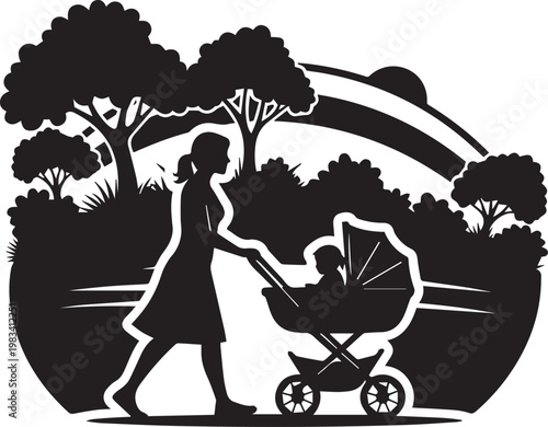 Mother walking baby in stroller through park scenic nature landscape with trees and sunset silhouette illustration for parenting.