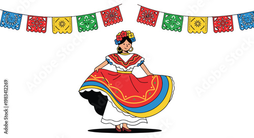 Colorful traditional Mexican dancer wearing vibrant folkloric dress performing a lively dance in cultural celebration