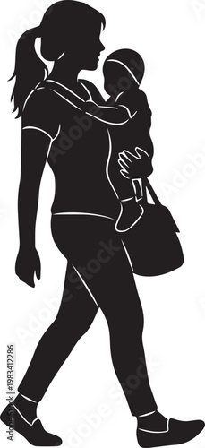 Young mother carrying toddler while walking silhouette vector design for motherhood parenting and active lifestyle themes art.