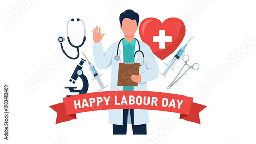 Celebrating Labor Day: Medical Professionals Honored: An illustration celebrating Labor Day, featuring a doctor surrounded by medical equipment, symbolizing the dedication of healthcare workers.