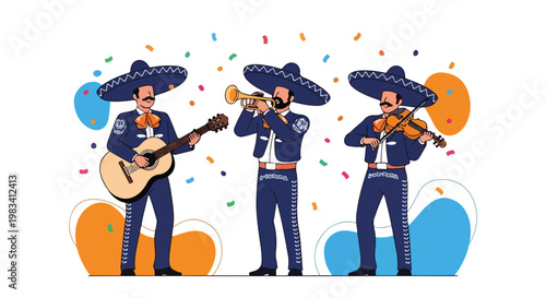 Group of three musicians playing acoustic guitars and singing together on stage with colorful abstract background