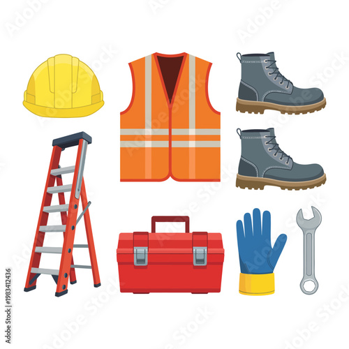 Construction Gear Set: This image showcases essential equipment for construction or maintenance, offering a comprehensive view of safety and functionality. The tools and protective gear.