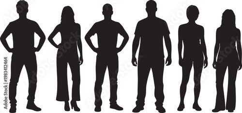 Black silhouettes of five diverse people standing in a row facing forward
