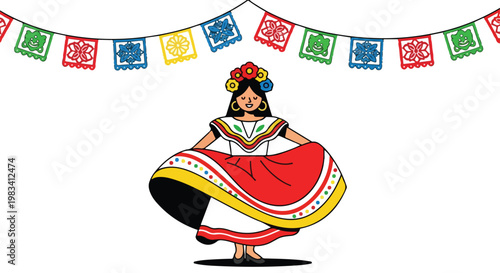 Colorful traditional Mexican dancer wearing vibrant costume performing during cultural celebration or festival