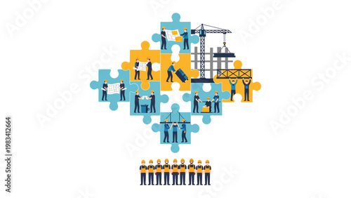 Constructing Teamwork: Visual representation of teamwork and collaboration in a construction scene with building blocks.